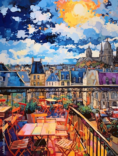 Vivid Parisian Rooftop Cafes: Acrylic Landscape Art with Sky