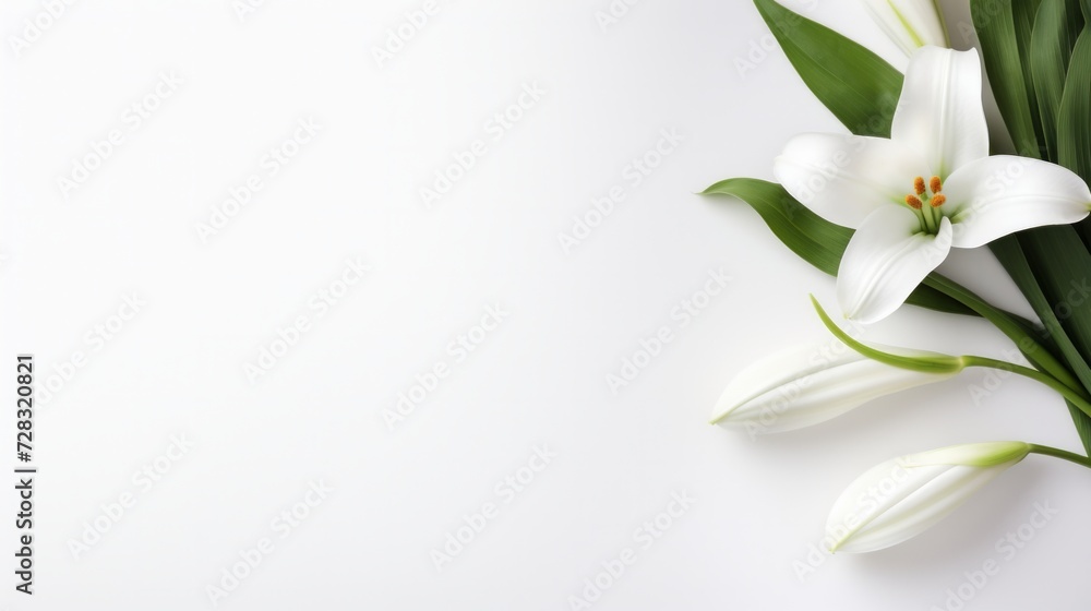 A minimalist Easter scene featuring a lone, graceful lily on a pristine white backdrop. A minimalist Easter scene featuring a lone, graceful lily on a pristine white backdrop.