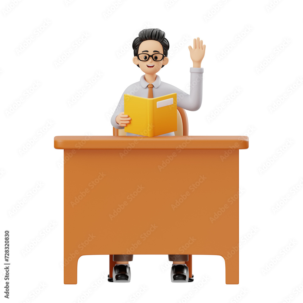 3D Character Male Teacher With A Book Sitting At The Desk 3D Character Male Teacher With A Book Sitting At The Desk