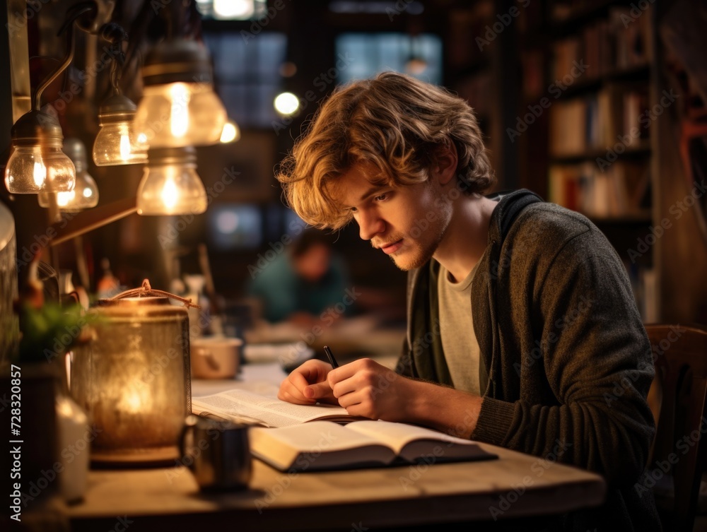 A young man is writing in a book in a library. Generative AI. A young man is writing in a book in a library. Generative AI.