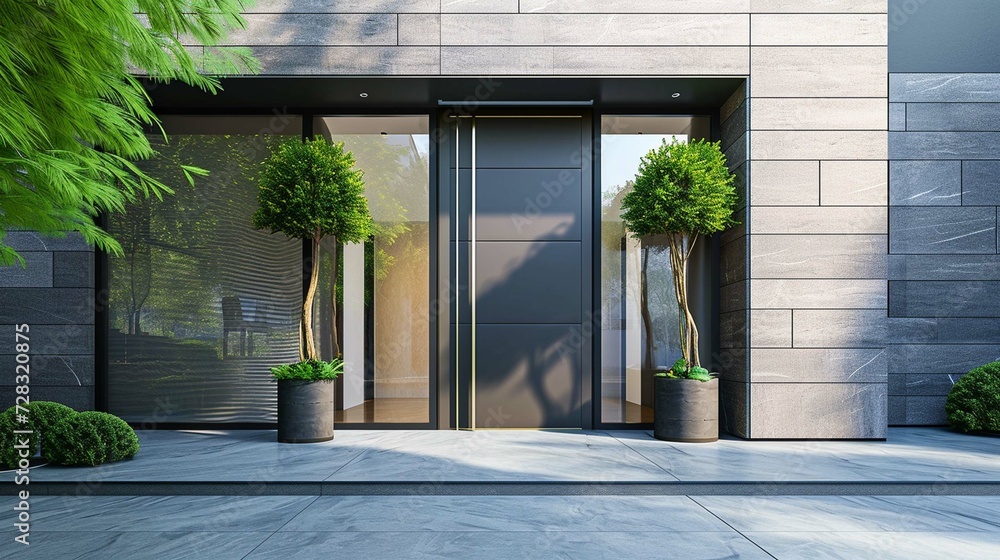 Modern luxury house front door with metal - obrazy, fototapety, plakaty 