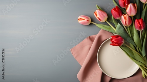 A chic Easter table setting with a single blooming tulip as a centerpiece aga...