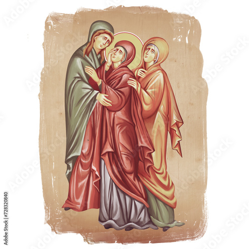 Madonna. Holy God's mother and two saints. Christian illustration in Byzantine style isolated