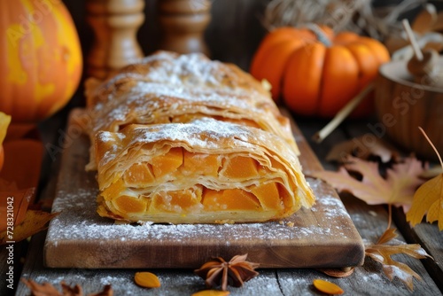 Traditional Romanian or Moldovan pumpkin strudel vertuta. Rustic style.  photo