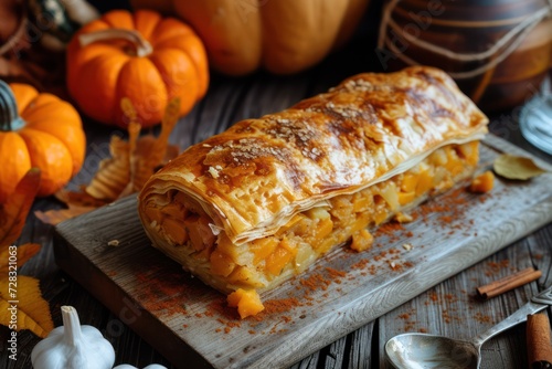 Traditional Romanian or Moldovan pumpkin strudel vertuta. Rustic style.  photo