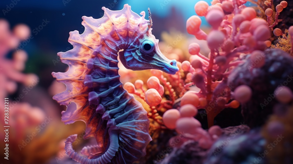 A close-up of a neon-bright seahorse, blending seamlessly with its coral surroundings. A close-up of a neon-bright seahorse, blending seamlessly with its coral surroundings.