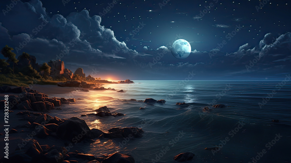 Dreamy and romantic stock visuals, a moonlit night over the sea, offering viewers a scenic journey from sunset hues to the tranquil beauty of the night Ai Generative