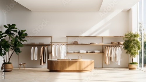 A minimalist luxury retail store with a clean design and designer fashion dis...