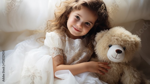 Little princess in a fluffy dress, smiling and holding a soft toy photo