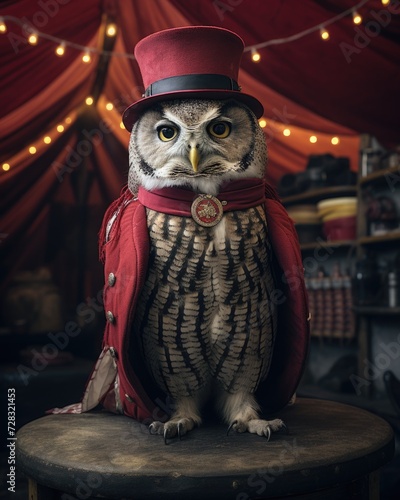 Owl in a top hat and red coat. Generative AI. © serg3d
