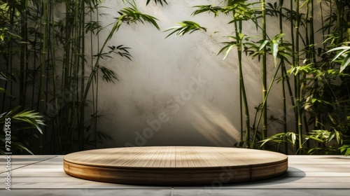 A minimalist podium in a quiet bamboo grove, creating a sense of serenity and...