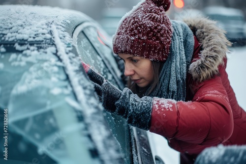 Woman scraping ice from car wondows in winter. photo