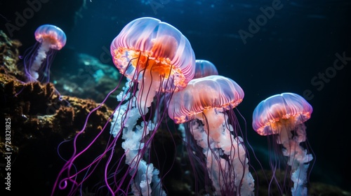 A mesmerizing jellyfish bloom, their translucent bodies glowing ethereally in...