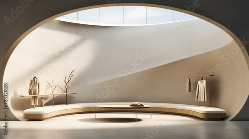 A minimalist luxury retail store with a clean design and designer fashion dis...