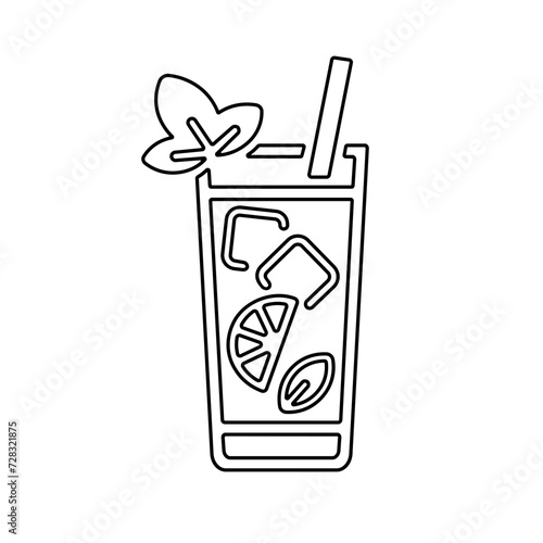 Mojito line icon, black outline on white. Drink in tall glass with straw, cocktail with lime, mint leaves and ice cubes. Vector clipart sign for web design or logo, illustration of alcoholic beverage.