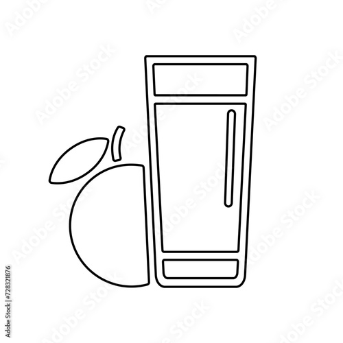 Fresh juice line icon, black outline on white. Drink in tall glass and orange or apple. Vector clipart sign, logo of simple minimalist design, illustration of non-alcoholic or kids beverage.