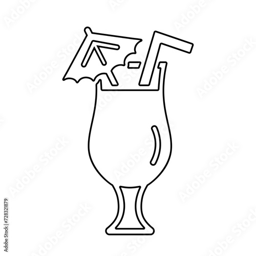 Pina colada cocktail line icon, black outline on white. Drink in tulip glass with straw and umbrella. Vector clipart sign for web design or logo, illustration of alcoholic beverage.