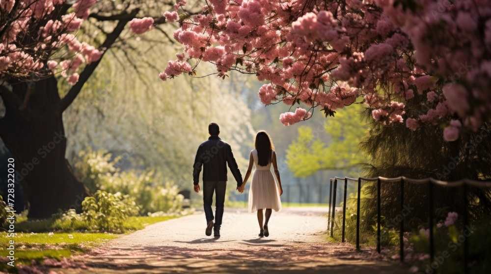A couple strolling hand in hand through a blooming park, radiating love and happiness.