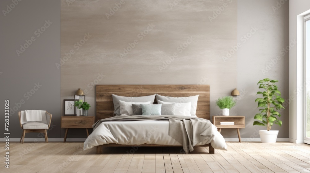Fototapeta premium A minimalist luxury bedroom with a plush, oversized headboard and soft, neutral tones.