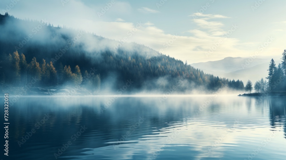 Fototapeta premium A dreamy mist rising from a serene lake, creating an ethereal and mystical atmosphere.