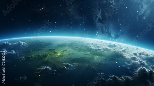 A captivating shot of Earth from space, with the planet's serene blue and green hues. © olegganko