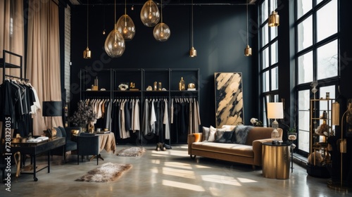 A lavish fashion studio with minimalist black-and-gold accents and soft, natu...