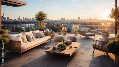 A luxurious penthouse terrace with panoramic city views and designer outdoor furniture © olegganko
