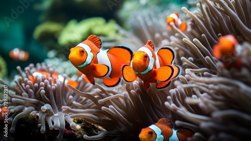 A kaleidoscope of clownfish darting among the swaying anemone, forming a picturesque symbiosis.