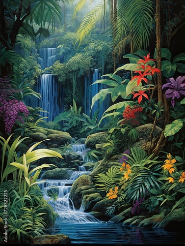 Rainforest Waterfall Scenes  Lush Jungle Vegetation Reflecting in a Zen Garden