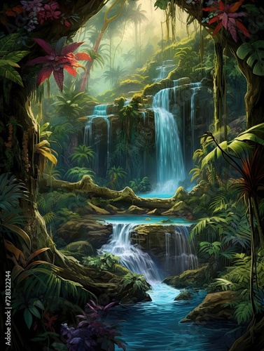 Rainforest Waterfall Oasis: Captivating Island Artwork in Isolated Scenes