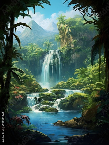 Rainforest Waterfall Scenes  Island Artwork of an Isolated Waterfall Oasis