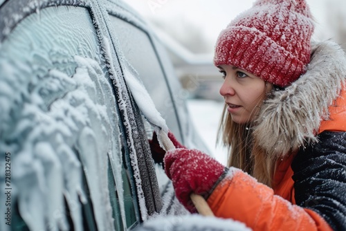 Woman scraping ice from car wondows in winter.  photo