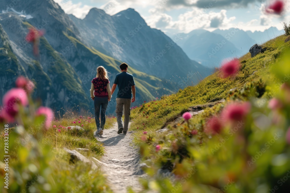 Young couple walking on mountain trail in Tannheimer Tal, Tyrol, Austria 