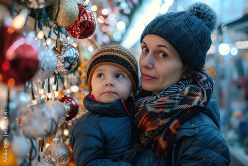 Young mother shops Christmas decoration with her cute little son. 