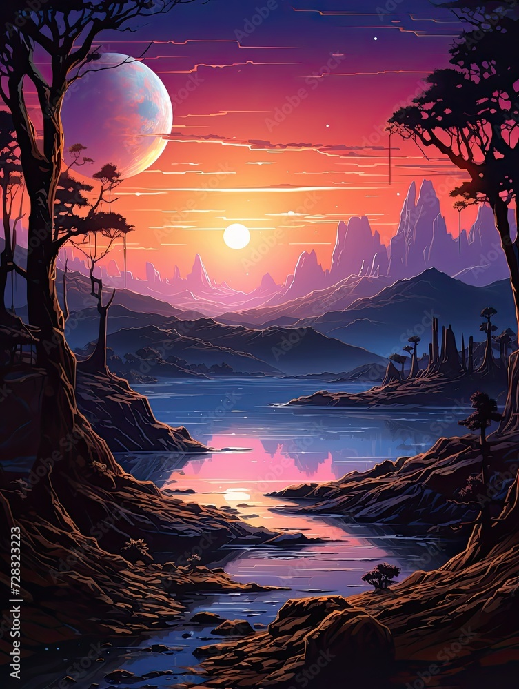 Retro Sci-Fi Spacescapes: Galactic Horizons at Dusk in Twilight Landscape.