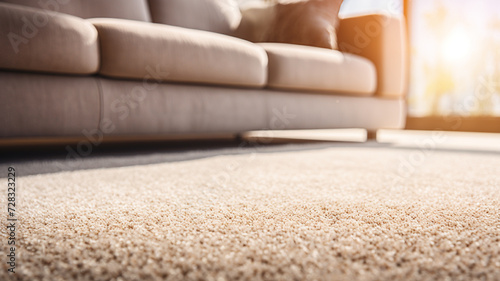 close up of sofa with beige carpet rug home interior background photo