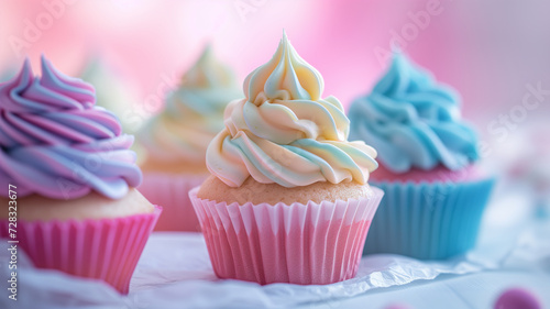 colourful cupcakes in a pastel colour pattern on white background