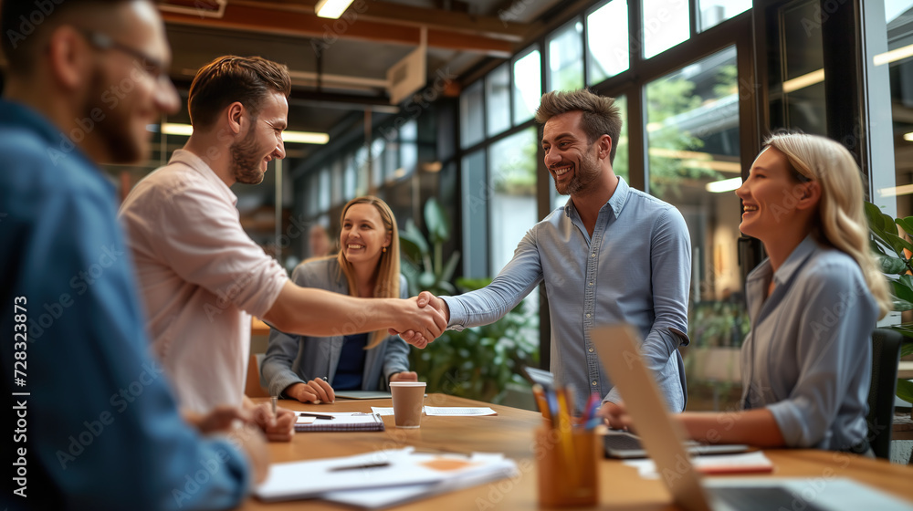Teamwork and Technology: Group of young business people standing in the office, rejoicing at the deal struck. Man shaking hands with a woman, concluding a meeting, signing a contract Teamwork and Technology: Group of young business people standing in the office, rejoicing at the deal struck. Man shaking hands with a woman, concluding a meeting, signing a contract