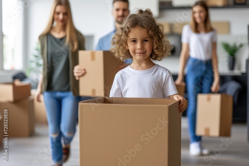 A family is moving into the new home. They are holding cardboard boxes. 
