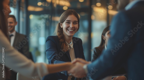 Teamwork and Technology: Group of young business people standing in the office, rejoicing at the deal struck. Man shaking hands with a woman, concluding a meeting, signing a contract, or welcoming a n photo