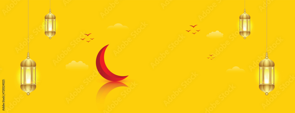 Naklejka premium Eid Mubarak, wishes or greeting and big, sale, offer, yellow color social media banner, poster, design business, marketing, promotion, template, Eid Mubarak vector, illustration