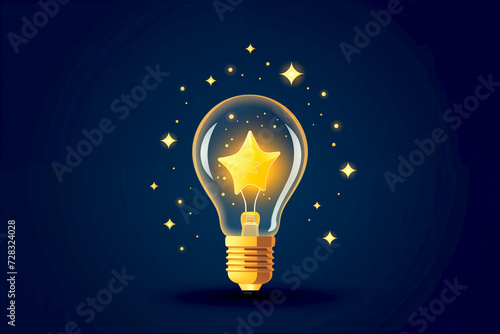 Close up clean star Lightbulb illustration creative thinking concept new idea, innovation, brainstorming with copy space dark navy blue color background