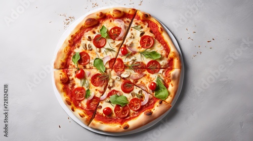 Top view of a delicious pizza with cheese, cherry tomatoes and herbs on a light gray marble background. Italian food concept.