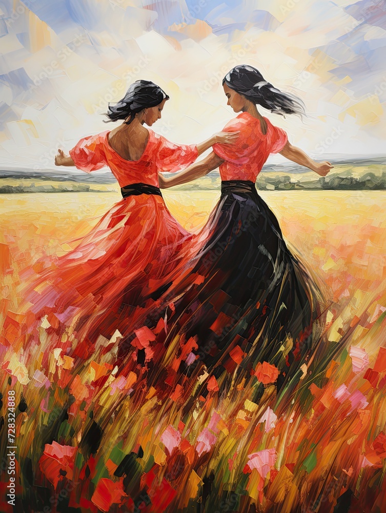 Spanish Flamenco Dancers in a Meadow: Vibrant Dance Performance in an Open Field