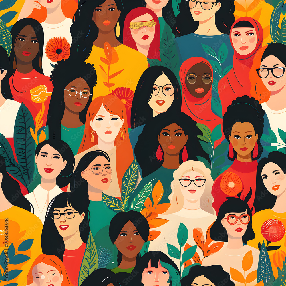 International women's day concept - colorful illustration of diverse women, seamless pattern International women's day concept - colorful illustration of diverse women, seamless pattern
