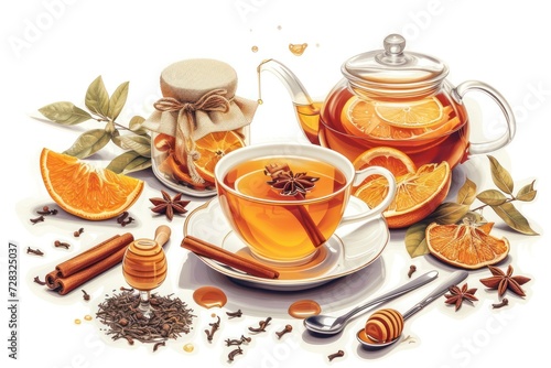 Filled tea cup surrounded by a teaspoon, teapot, teabag and some ingredientes like dried black tea leaves