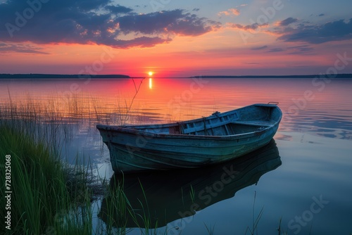 Fishing boat on the lake at sunset. 