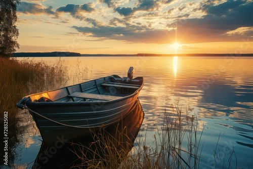 Fishing boat on the lake at sunset.  photo