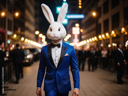 A gorgeous man in a blue business suit with a rabbit's head walks down the street of a modern city at night. A costume party. Easter.