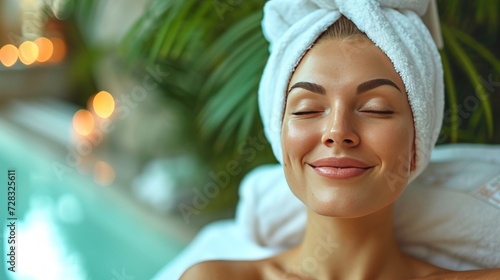 A woman customer is enjoying the pleasure of a stress-relieving spa massage. The atmosphere bathes in the gentle daylight Create a calm and relaxing atmosphere.